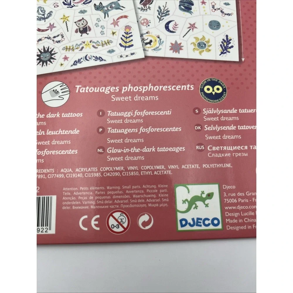 Djeco Glow In The Dark Temporary Tattoos Kids Animals Sun Moon Stars NEW